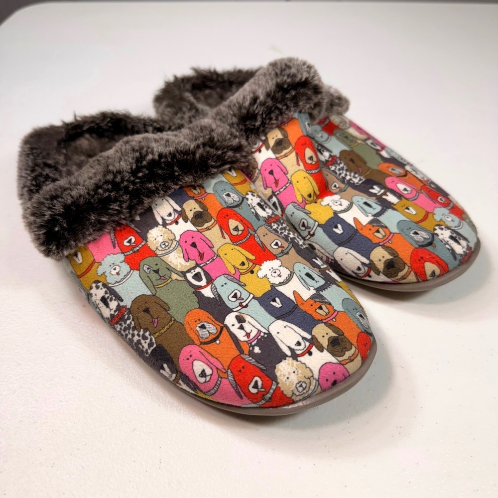 BOBS from Skechers Dog Print Memory Foam Faux Fur Slippers Size 7 SN 31284